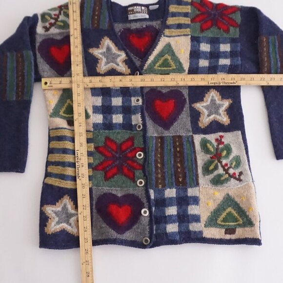 Vintage Knitted By Hand Navy Knit 100% Wool Heart Northern Isles Cardigan S - Picture 4 of 12